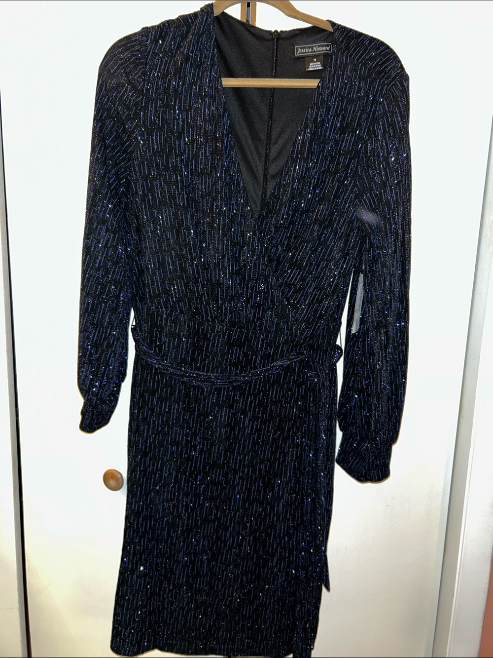 Jessica Howard Navy Metallic Thread Long-Sleeve Wrap Dress